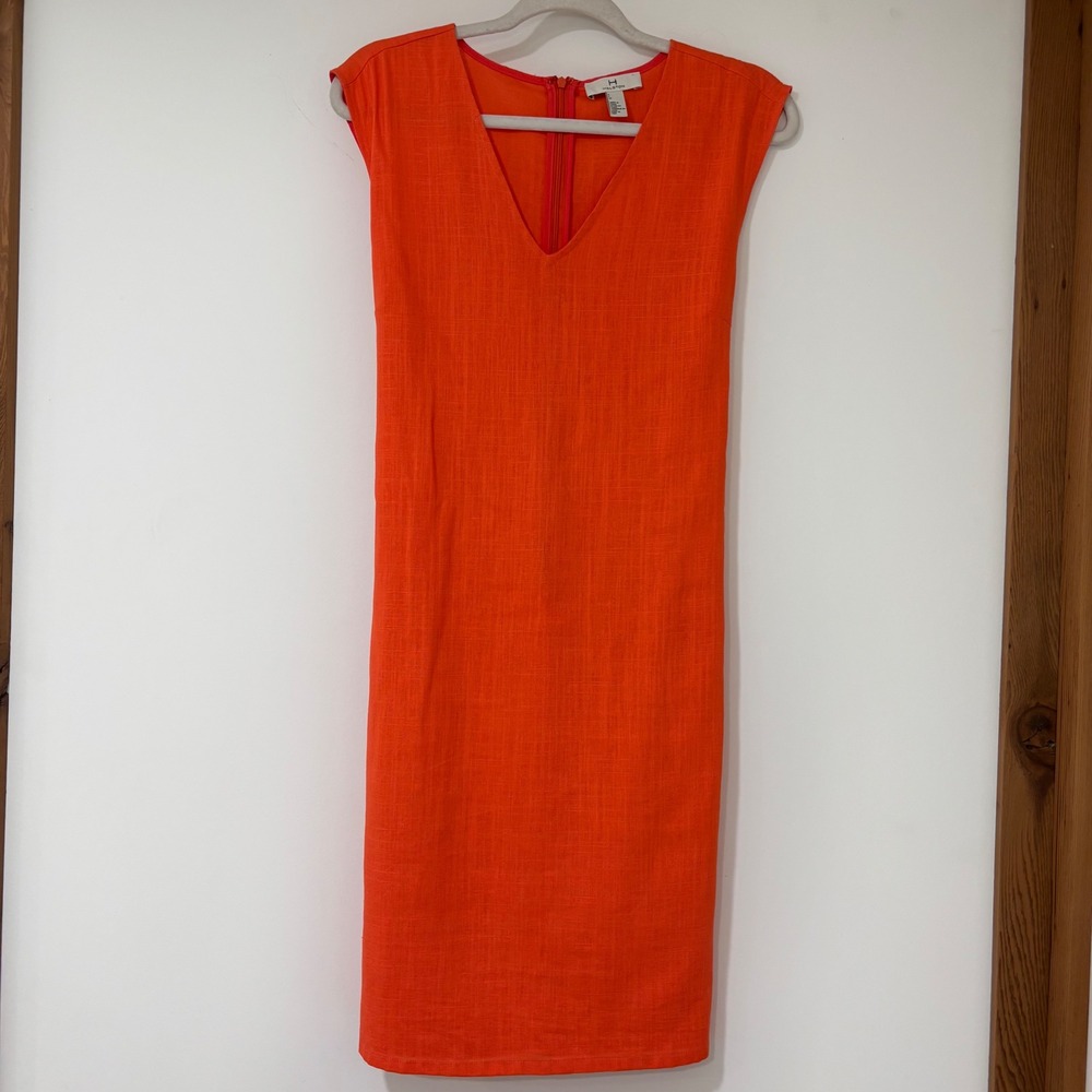 Halston Dress Womens Small‎ Orange V-Neck Linen Blend Sleeveless Sheath Back Tie